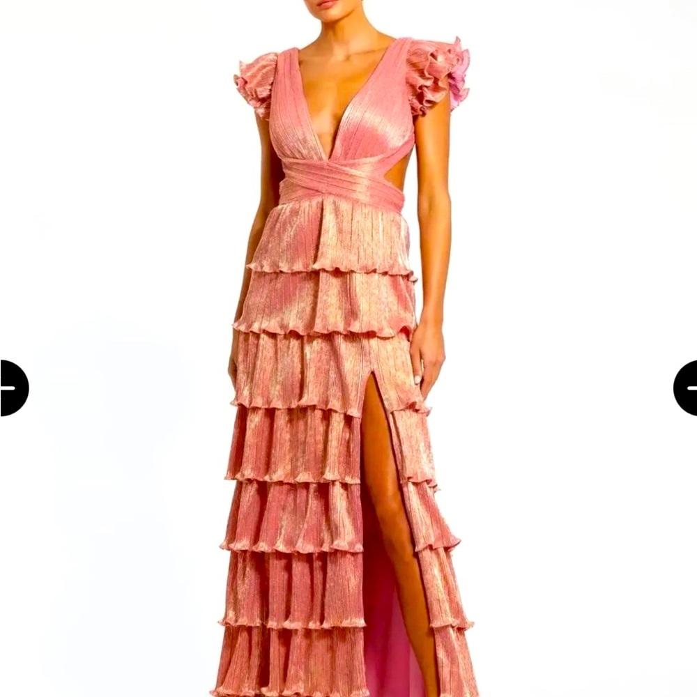 Mac Duggal Coral Pink Gold Ruffle Tiered Criss Cross Lace Up Gown